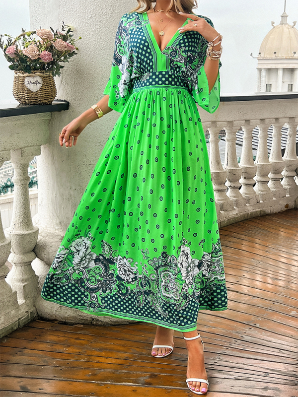 Spring and summer casual holiday printed V-neck long skirt  kakaclo   