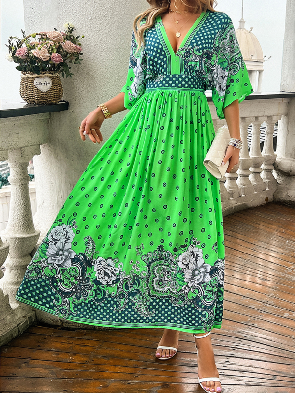 Spring and summer casual holiday printed V-neck long skirt  kakaclo Green S 