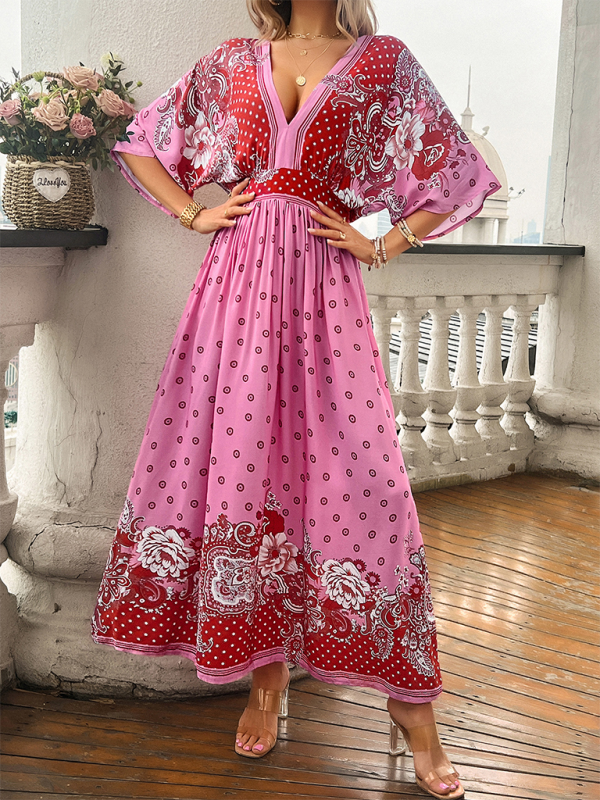 Spring and summer casual holiday printed V-neck long skirt  kakaclo Pink S 