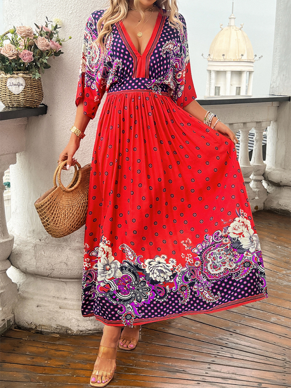 Spring and summer casual holiday printed V-neck long skirt  kakaclo Red S 