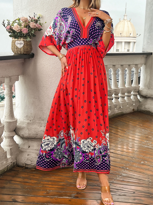 Spring and summer casual holiday printed V-neck long skirt  kakaclo   