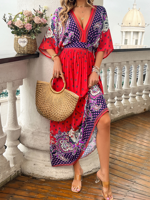 Spring and summer casual holiday printed V-neck long skirt  kakaclo   