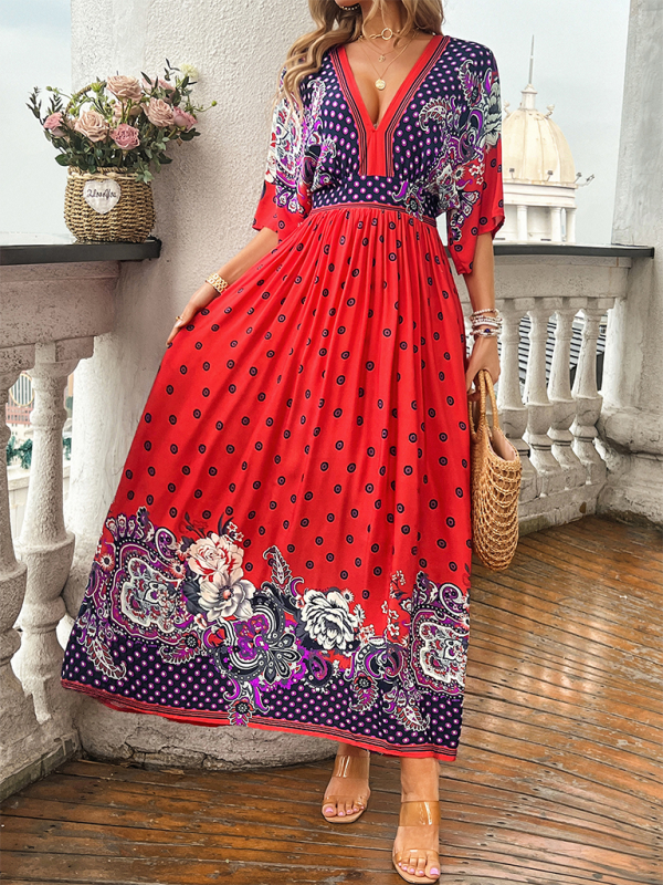 Spring and summer casual holiday printed V-neck long skirt  kakaclo   