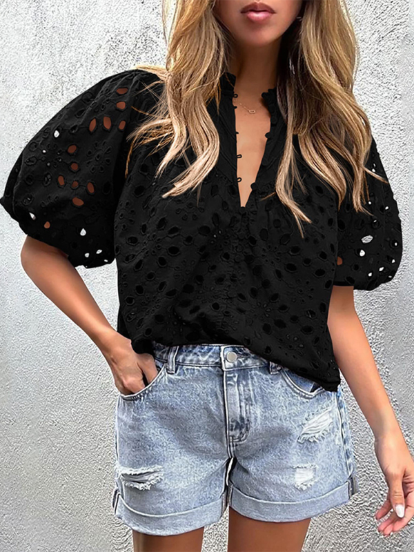 Women's New Style Puff Sleeve Embroidered Shirt  kakaclo Black S 