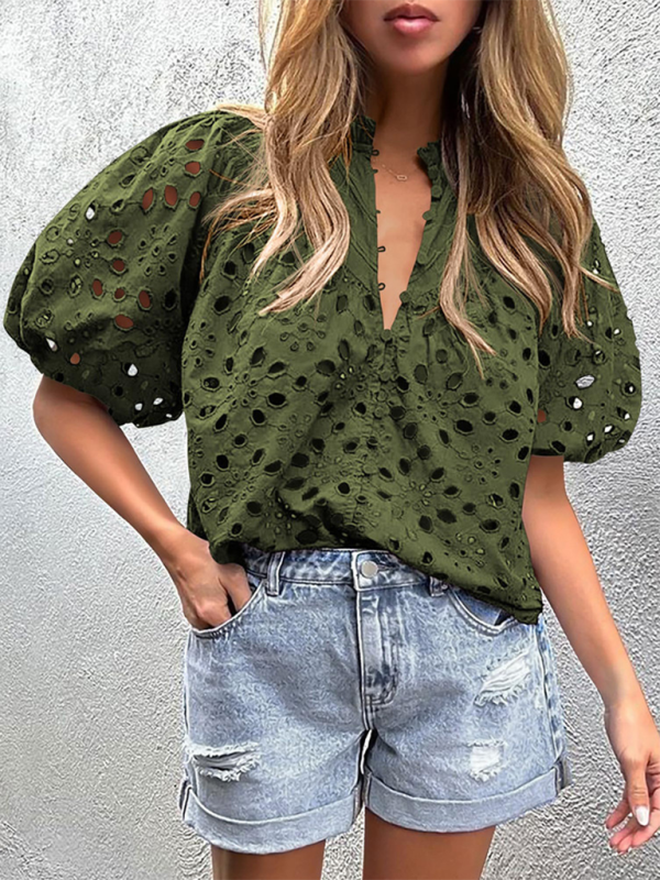 Women's New Style Puff Sleeve Embroidered Shirt  kakaclo Grass green S 