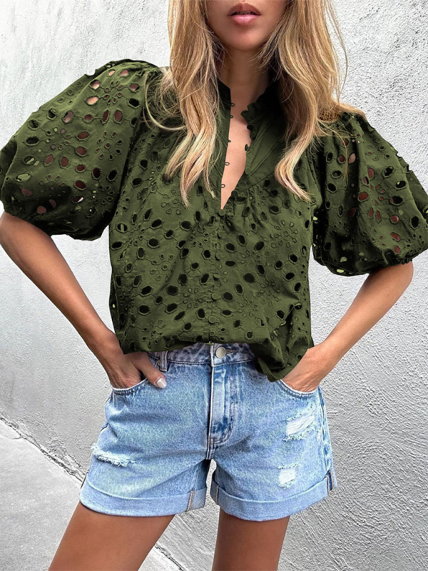 Women's New Style Puff Sleeve Embroidered Shirt  kakaclo   