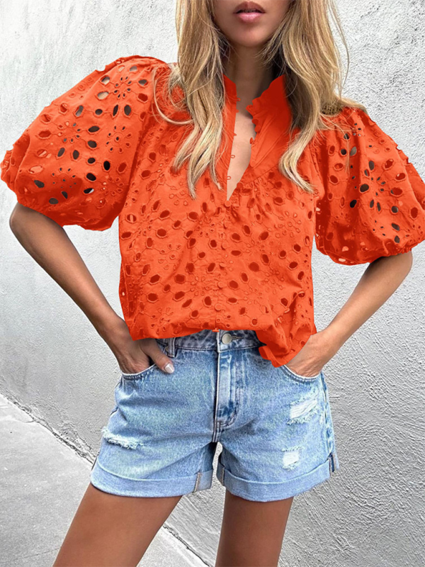 Women's New Style Puff Sleeve Embroidered Shirt  kakaclo Orange S 