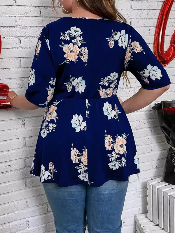 Plus size women's new printed V-neck lace shirt kakaclo