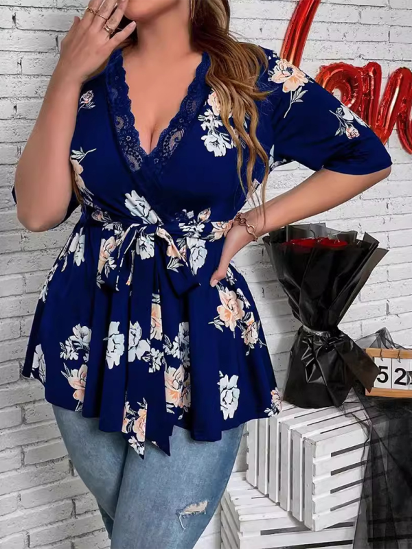 Plus size women's new printed V-neck lace shirt kakaclo Blue XL