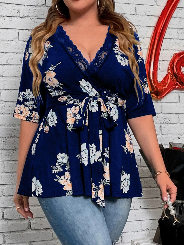 Plus size women's new printed V-neck lace shirt kakaclo