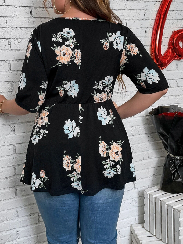 Plus size women's new printed V-neck lace shirt kakaclo