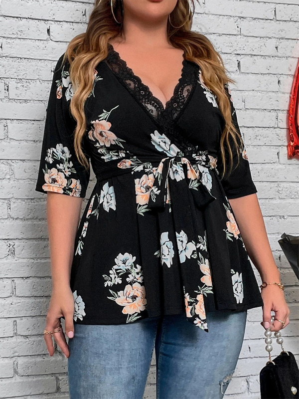 Plus size women's new printed V-neck lace shirt kakaclo