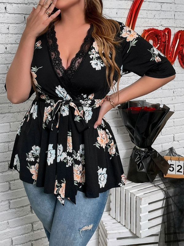 Plus size women's new printed V-neck lace shirt kakaclo Black XL