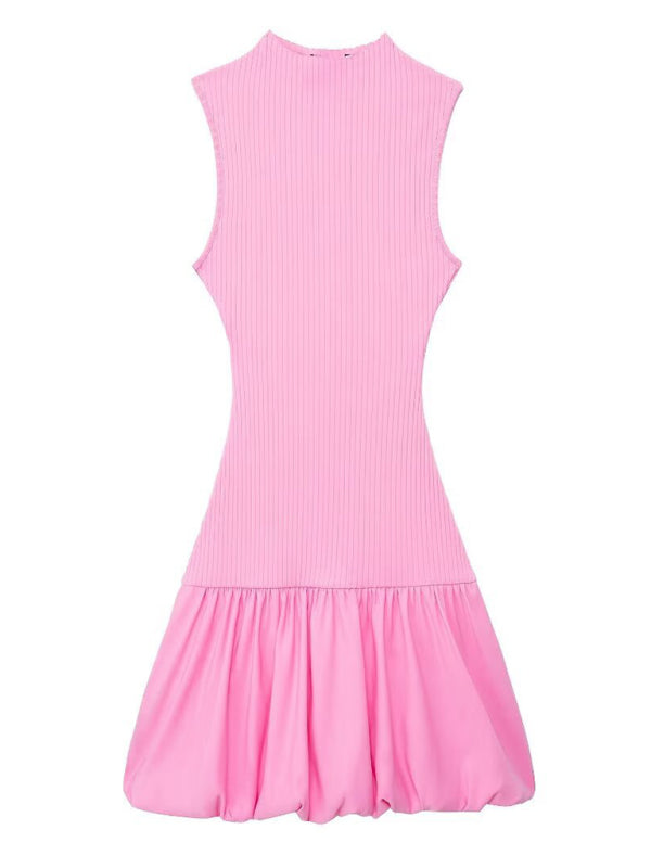 Women's New Casual Sleeveless Balloon Fit Ribbed Dress  kakaclo Pink S 