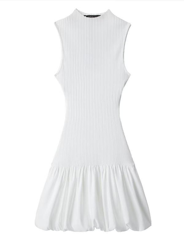 Women's New Casual Sleeveless Balloon Fit Ribbed Dress  kakaclo White S 