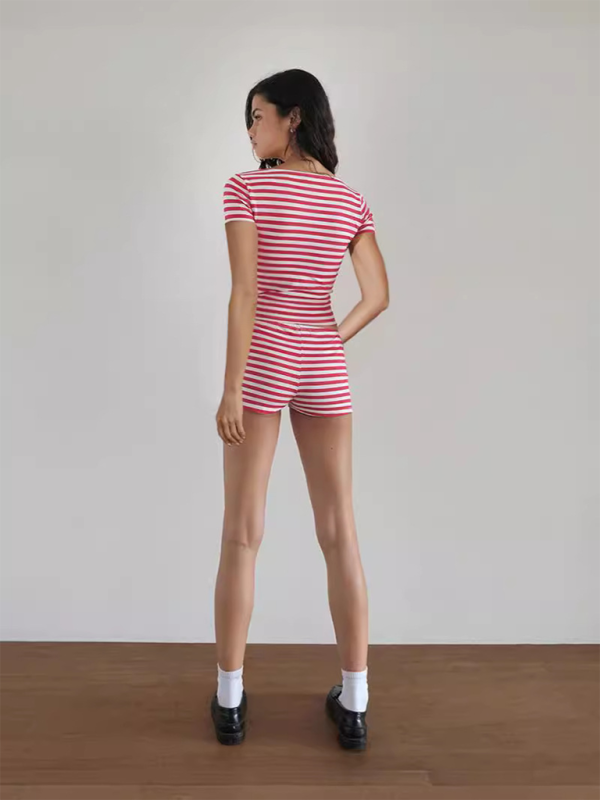 New Striped Slim Fit Short Sleeve Shorts Suit clothing kakaclo   