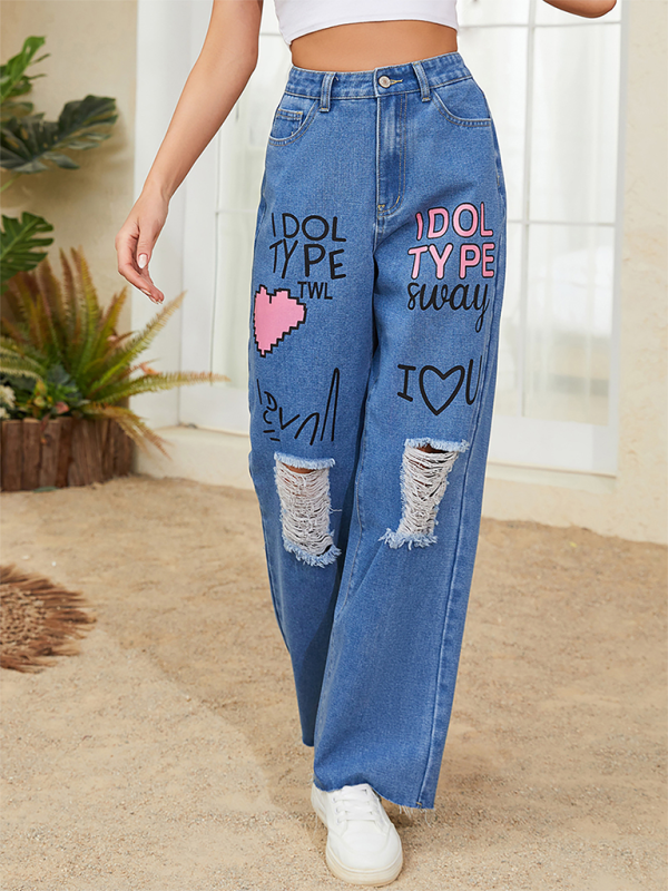 Pink love letter graffiti print street retro loose ripped raw edge denim trousers kakaclo