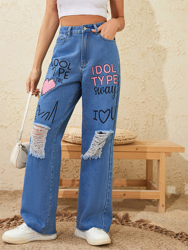 Pink love letter graffiti print street retro loose ripped raw edge denim trousers kakaclo Blue XS