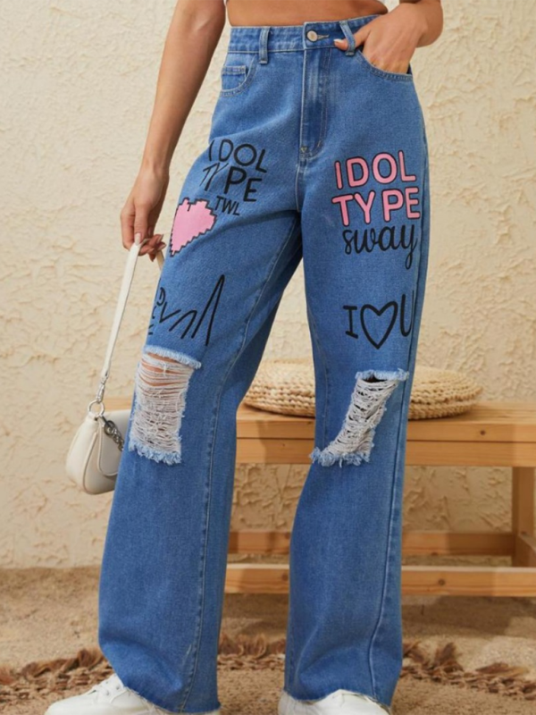 Pink love letter graffiti print street retro loose ripped raw edge denim trousers kakaclo