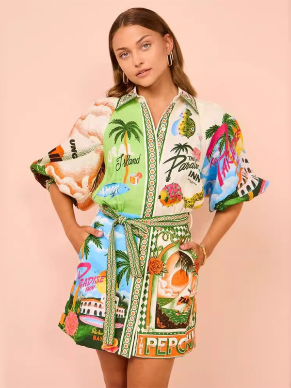 Casual fashion printed versatile shirt dress clothing kakaclo Green S