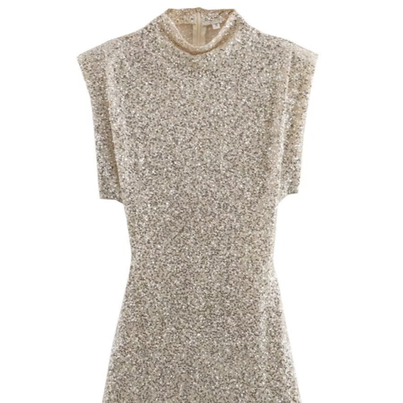 New Women's High Collar Padded Shoulder Sequin Dress  kakaclo Cream XS 