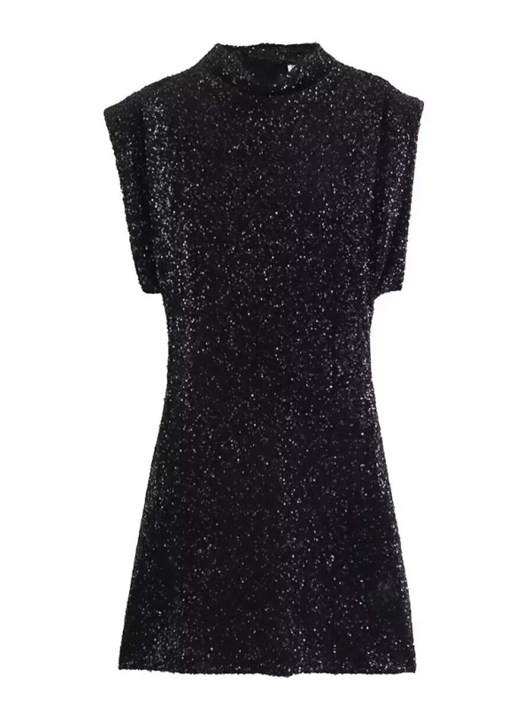 New Women's High Collar Padded Shoulder Sequin Dress  kakaclo Black XS 