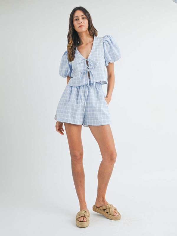 V-neck tie Bow Puff Sleeve Top Casual Shorts Plaid two-Piece Suit  kakaclo   