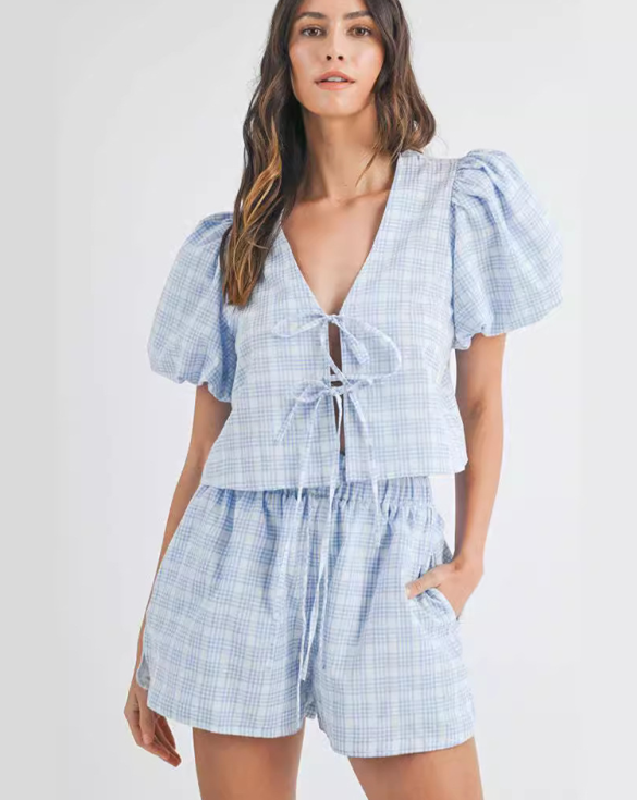 V-neck tie Bow Puff Sleeve Top Casual Shorts Plaid two-Piece Suit  kakaclo Blue S 