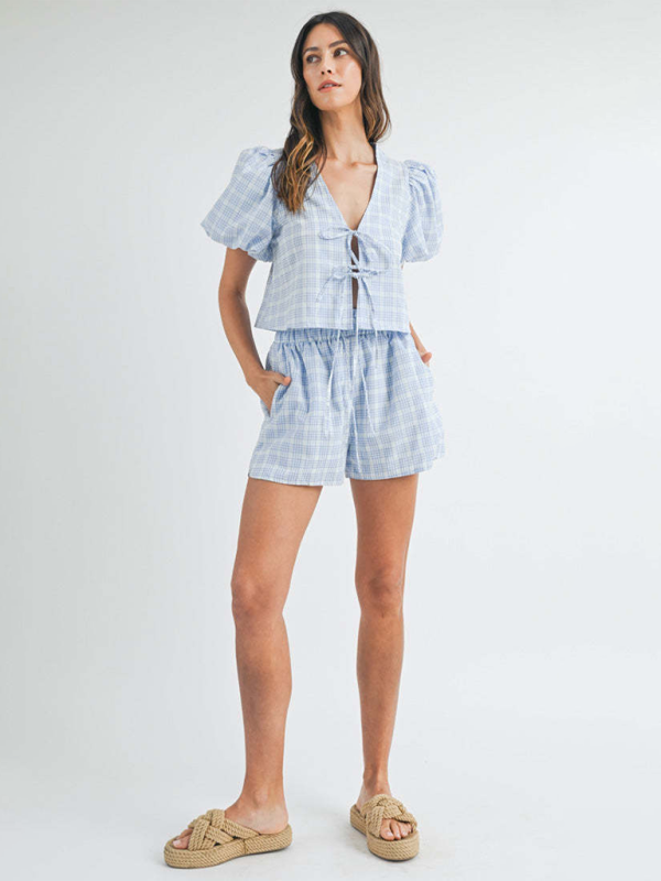 V-neck tie Bow Puff Sleeve Top Casual Shorts Plaid two-Piece Suit  kakaclo   