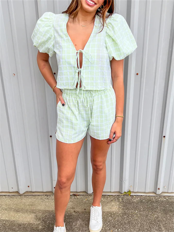 V-neck tie Bow Puff Sleeve Top Casual Shorts Plaid two-Piece Suit  kakaclo Green S 