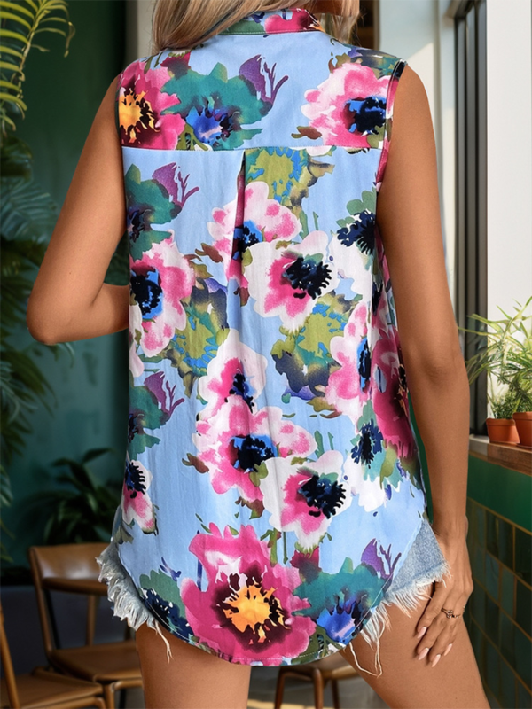 Women's Stand Collar Printed Sleeveless Shirt  kakaclo   