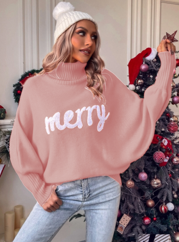 Christmas Autumn and Winter High Neck Loose Dolman Sleeve Letter Knitted Sweater Women's Top  kakaclo   