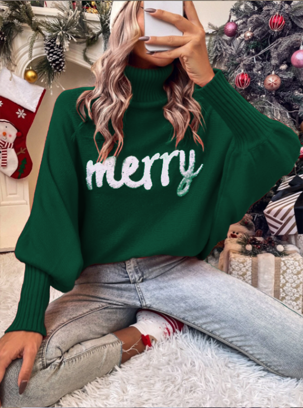 Christmas Autumn and Winter High Neck Loose Dolman Sleeve Letter Knitted Sweater Women's Top  kakaclo Green S 