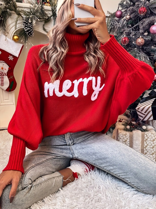 Christmas Autumn and Winter High Neck Loose Dolman Sleeve Letter Knitted Sweater Women's Top  kakaclo Red S 