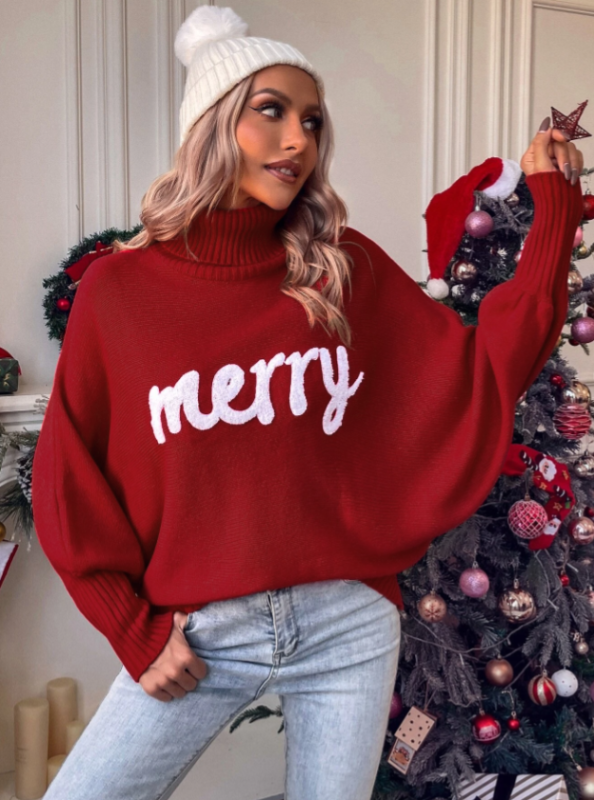 Christmas Autumn and Winter High Neck Loose Dolman Sleeve Letter Knitted Sweater Women's Top  kakaclo   