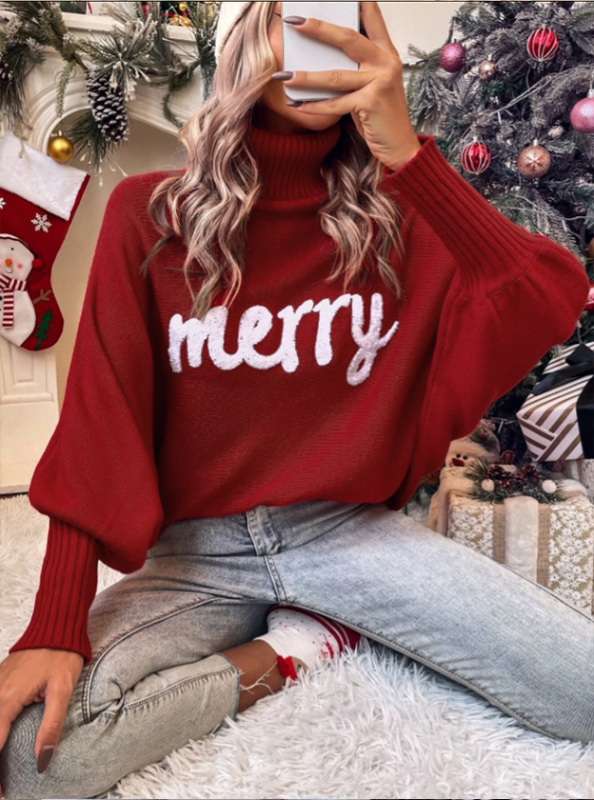 Christmas Autumn and Winter High Neck Loose Dolman Sleeve Letter Knitted Sweater Women's Top  kakaclo Wine Red S 