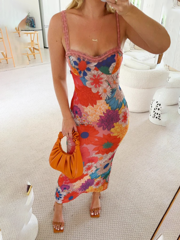 Casual One-shoulder Flower Printed Suspender Dress  kakaclo   