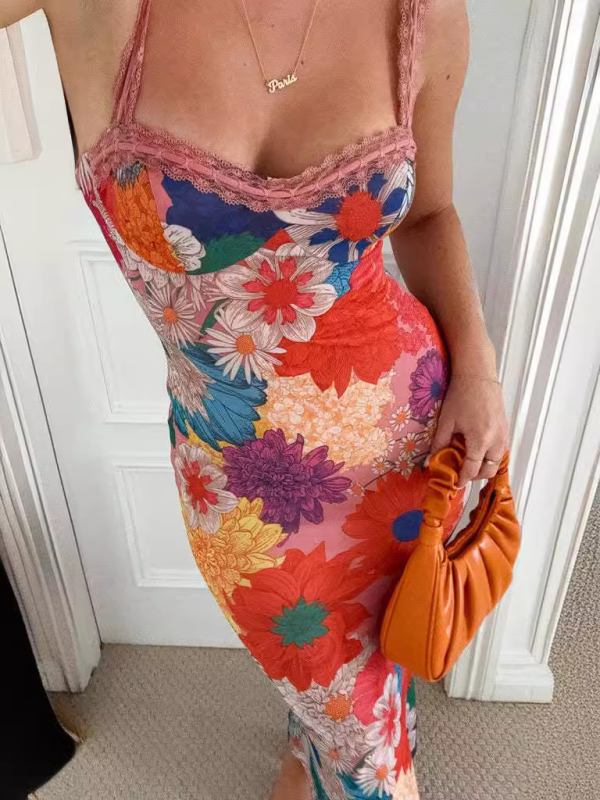 Casual One-shoulder Flower Printed Suspender Dress  kakaclo Orange Red S 