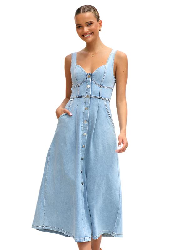 Light blue denim buttoned suspender midi skirt  kakaclo Blue S 