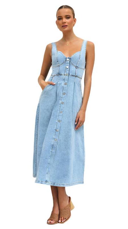 Light blue denim buttoned suspender midi skirt  kakaclo   