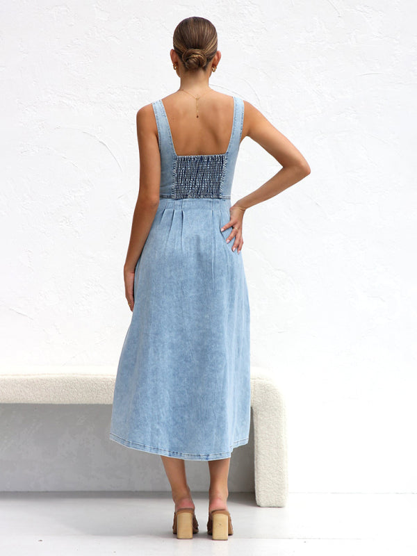 Light blue denim buttoned suspender midi skirt  kakaclo   