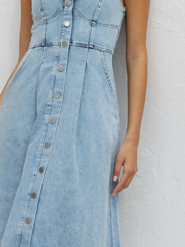 Light blue denim buttoned suspender midi skirt  kakaclo   