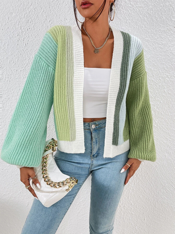 Stylish Knitted Cardigan with Contrast Colors  kakaclo Green S 