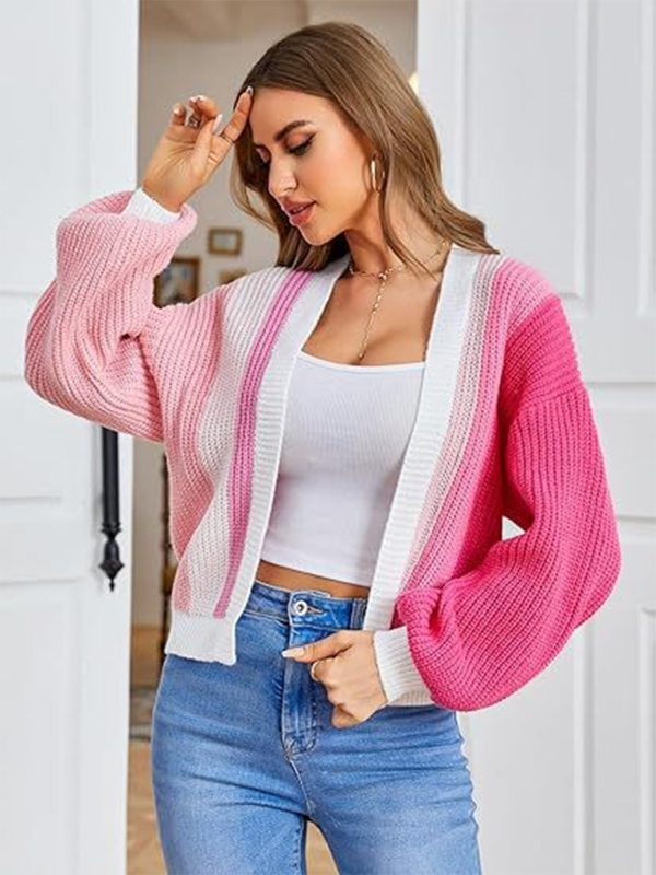 Stylish Knitted Cardigan with Contrast Colors  kakaclo Rose S 