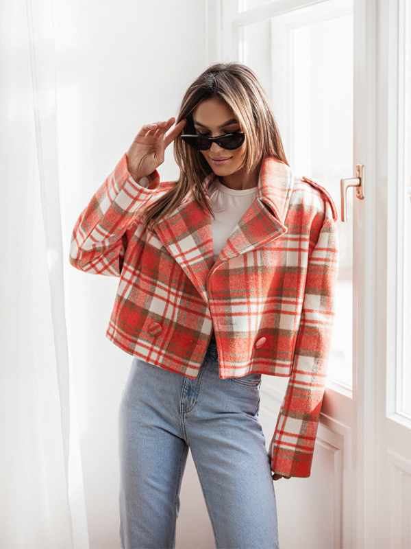 Fashionable British style suit collar plaid woolen coat kakaclo