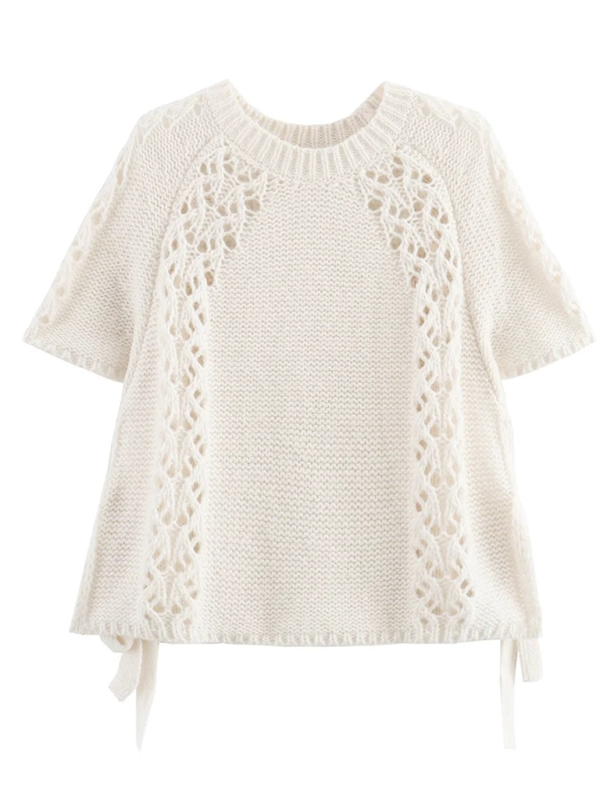 Openwork drawstring knit short-sleeved top  kakaclo   