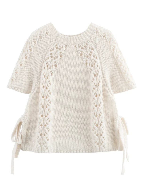 Openwork drawstring knit short-sleeved top  kakaclo   