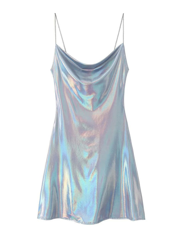 Low-cut backless metallic suspender dress  kakaclo Blue XS 