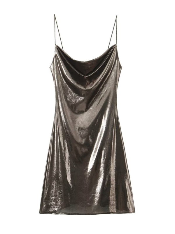 Low-cut backless metallic suspender dress  kakaclo Black XS 