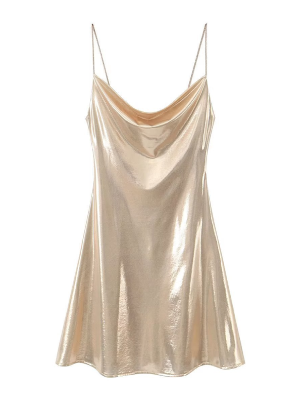 Low-cut backless metallic suspender dress  kakaclo Champagne XS 